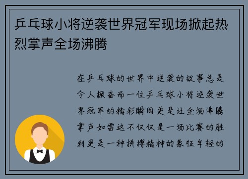 乒乓球小将逆袭世界冠军现场掀起热烈掌声全场沸腾