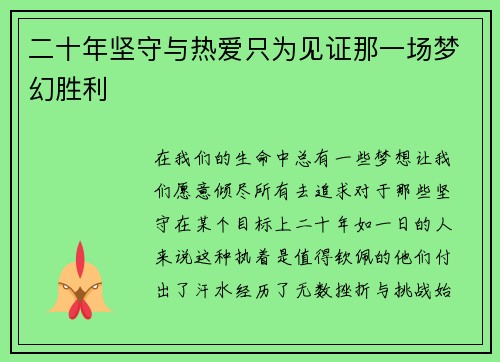 二十年坚守与热爱只为见证那一场梦幻胜利
